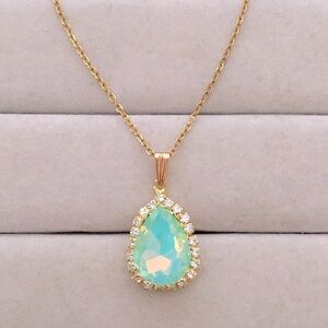 Peridot Green Opal Aurora Borealis +Gold Crystal Halo Pear Drop Pendant Necklace